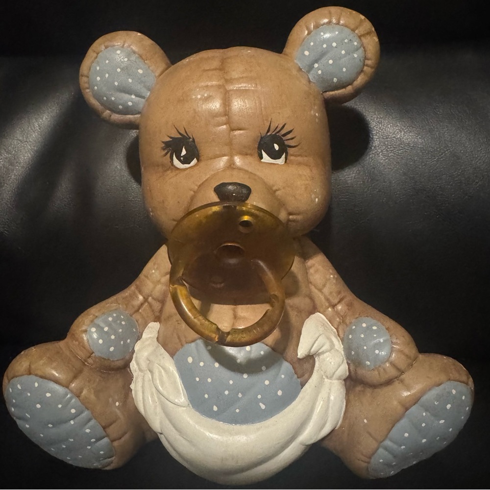 Vintage Brown and Blue Hand Painted Kimble Ceramic Teddy Bear Figurine 9 inch